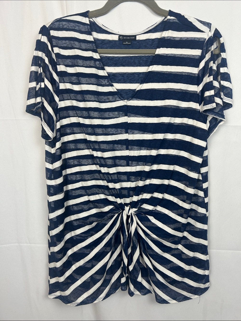 new directions Navy & White Striped Twist-Front V-Neck Tee